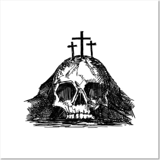 Mount Calvary near Jerusalem, in the shape of a skull, three crosses on top Posters and Art